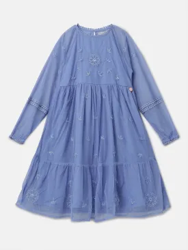 Girls Floral Embroidered Blue Boho Premium Dress