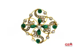 14 KT Yellow Gold Green Enamel Pearl Pin Brooch