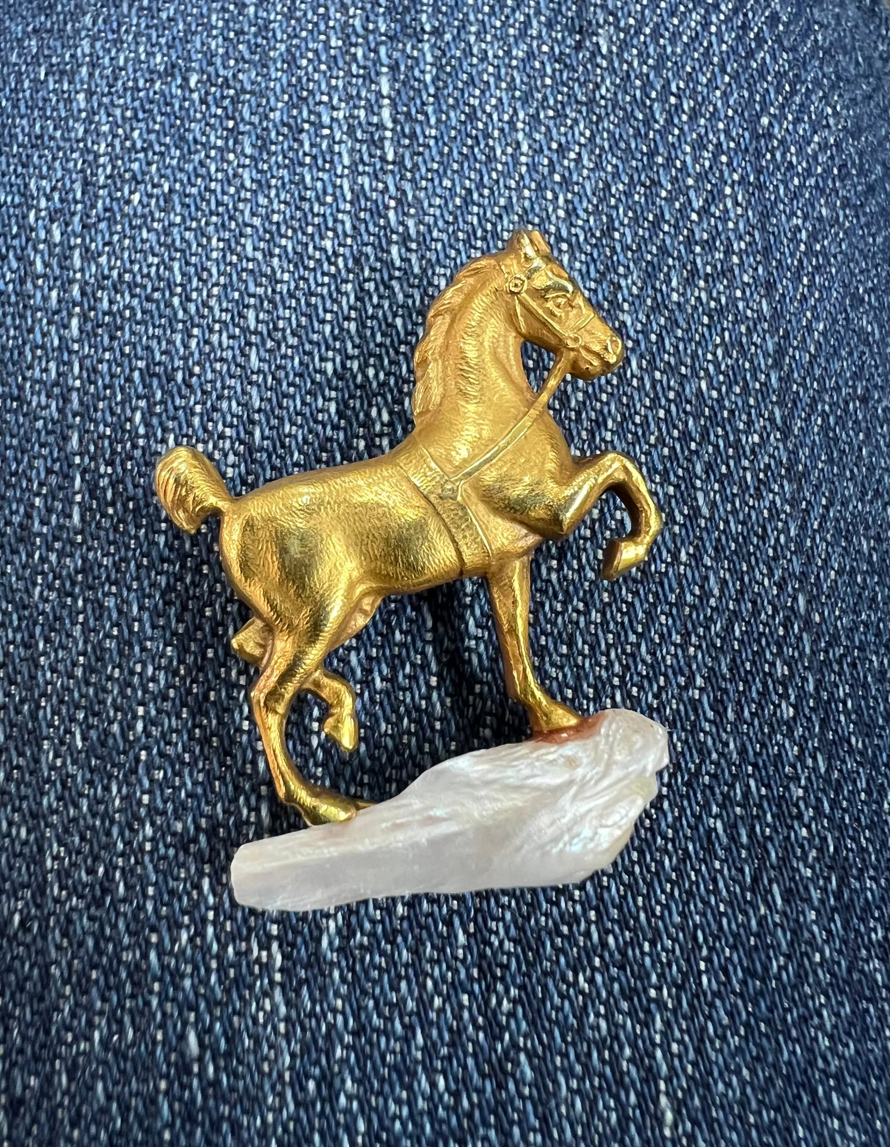 Art Nouveau Yellow Gold Horse On A Pearl Rock Brooch Circa 1900