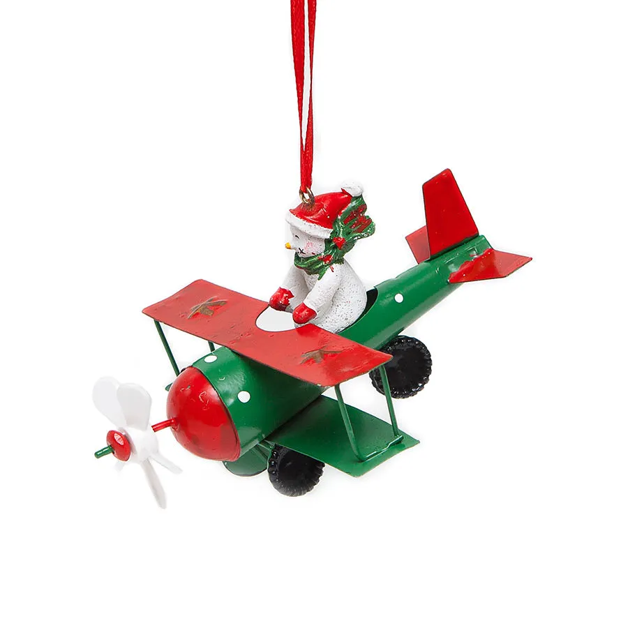 Ascalon Snowman in Green Biplane Hanging Decoration