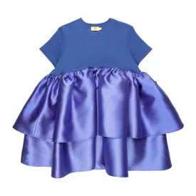 BLUE DRESS WITH RIB TOP AND MIKADO DOUBLE LAYERED BOTTOM