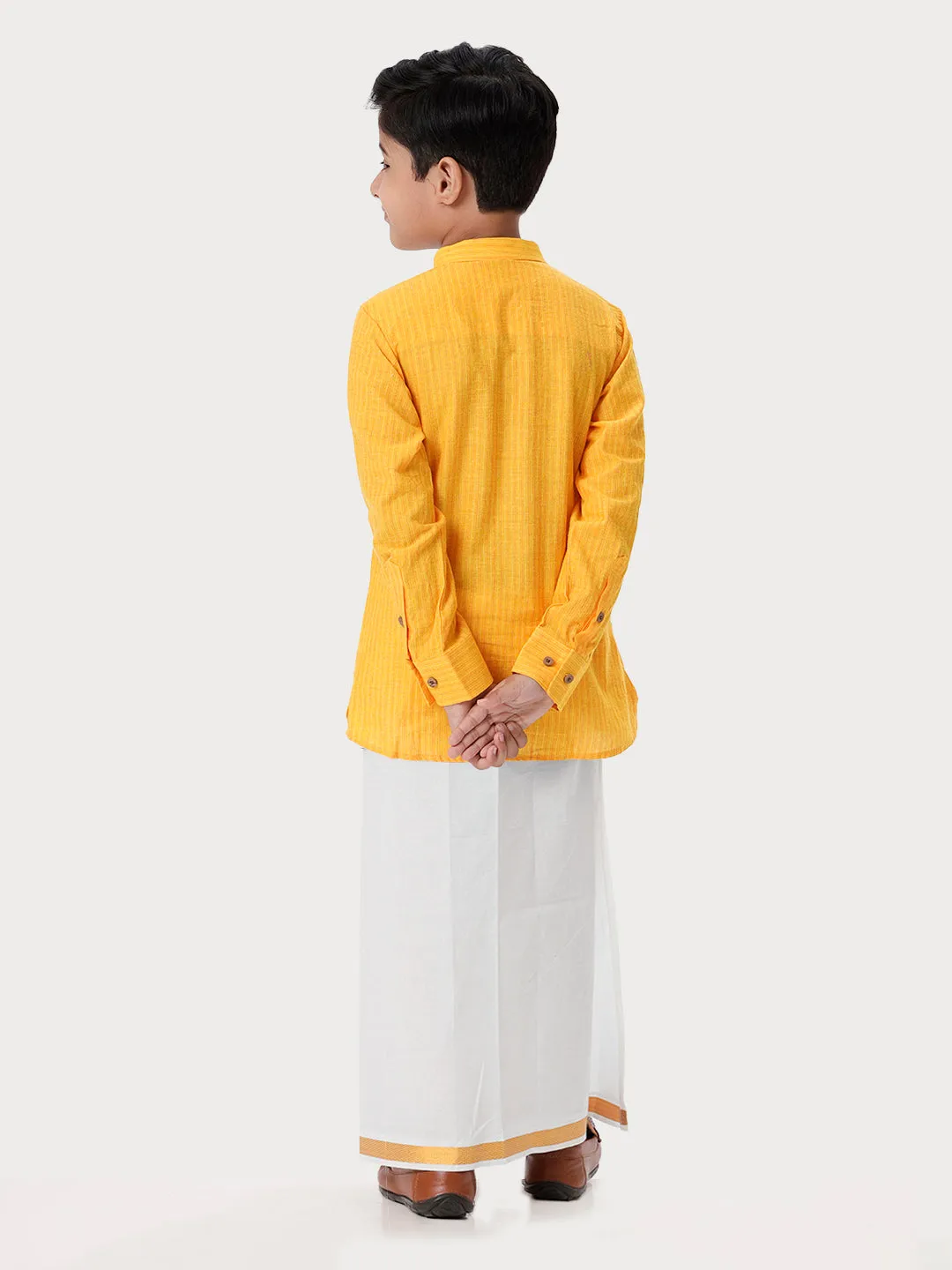 Boys Breeze Cotton Full Sleeves Yellow Kurta with Dhoti Combo