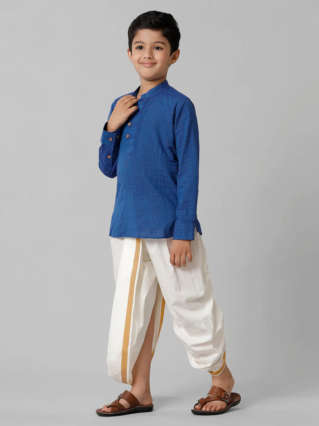 Boys Breeze Cotton Navy Kurta with Cream Elastic Panchakacham Combo COT2