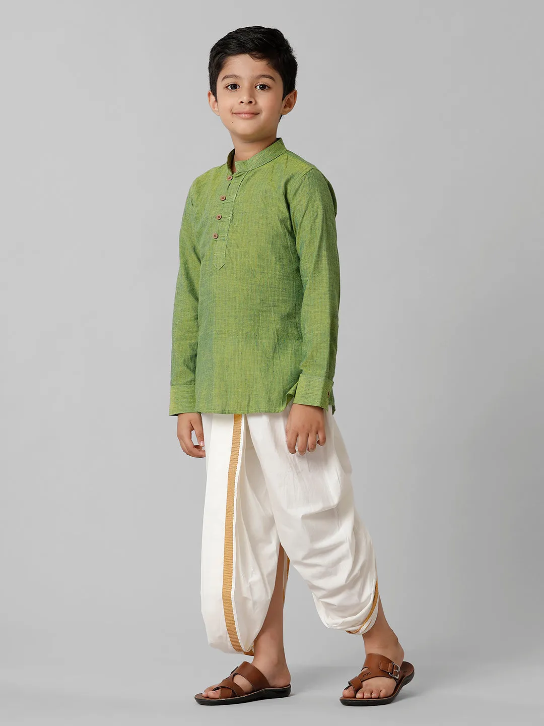 Boys Breeze Cotton Yellowish Green Kurta with Cream Elastic Panchakacham Combo COT3