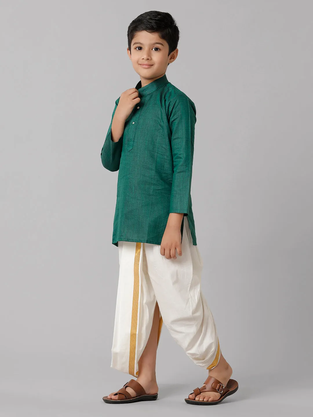 Boys Cotton Dark Green Kurta with Cream Elastic Panchakacham Combo FS5