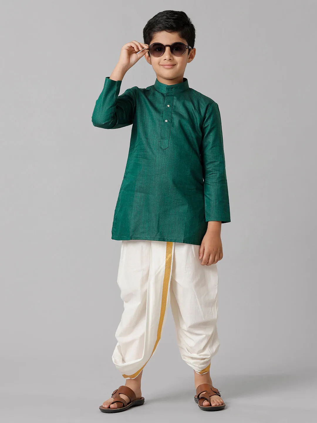 Boys Cotton Dark Green Kurta with Cream Elastic Panchakacham Towel Combo FS5