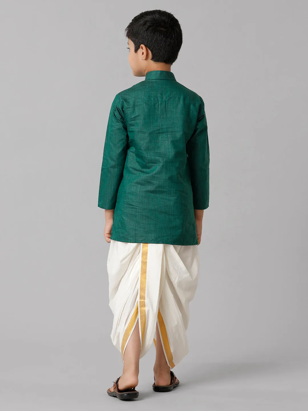 Boys Cotton Dark Green Kurta with Cream Elastic Panchakacham Towel Combo FS5