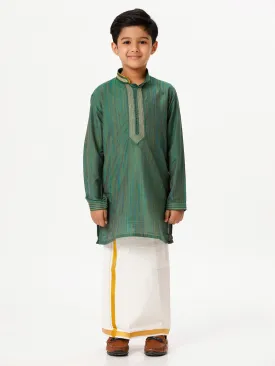 Boys Cotton Embellished Neckline Full Sleeves Dark Green Kurta with Dhoti Combo