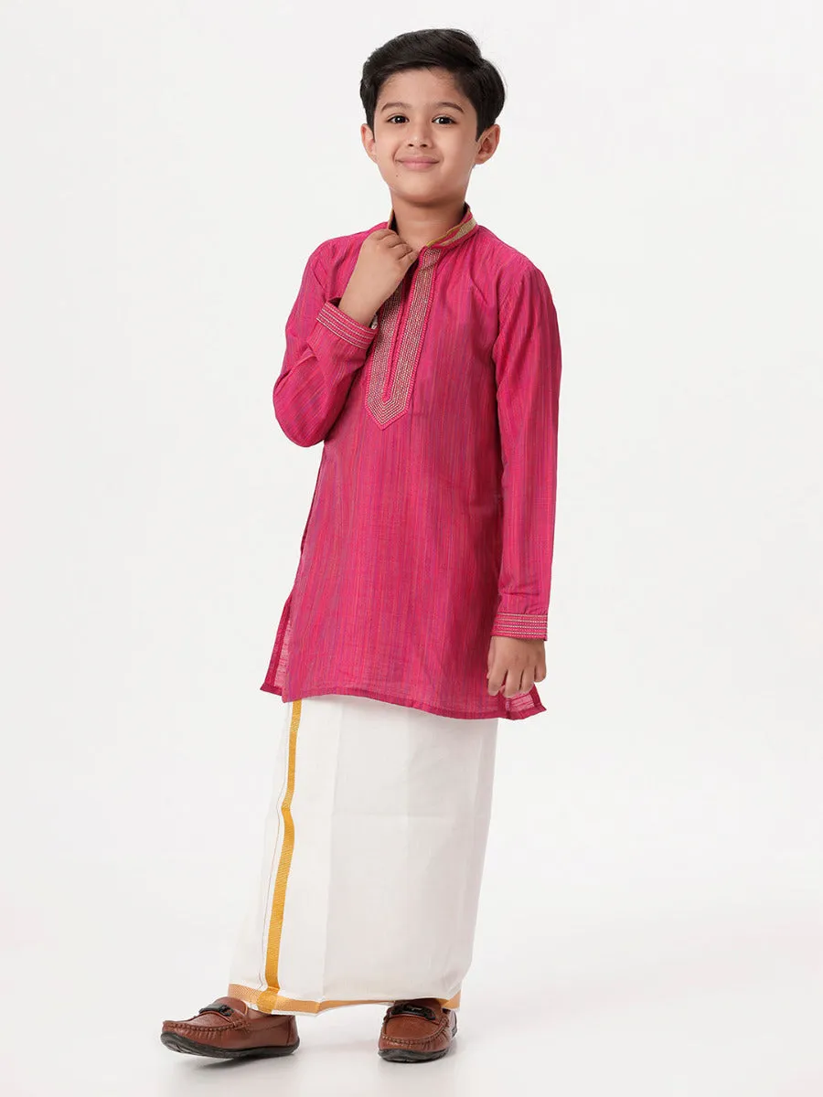 Boys Cotton Embellished Neckline Full Sleeves Dark Pink Kurta with Dhoti Combo