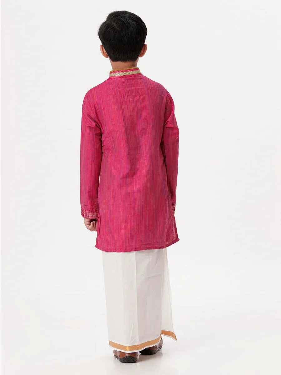 Boys Cotton Embellished Neckline Full Sleeves Dark Pink Kurta with Dhoti Combo