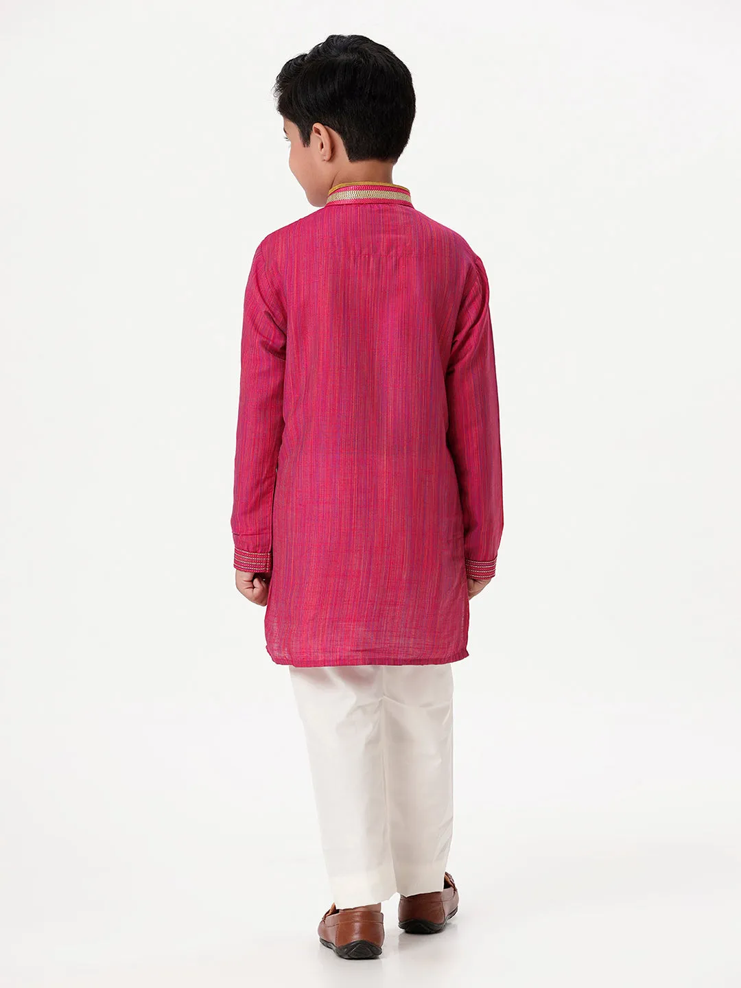 Boys Cotton Embellished Neckline Full Sleeves Dark Pink Kurta with Pyjama Pant Combo EMD1