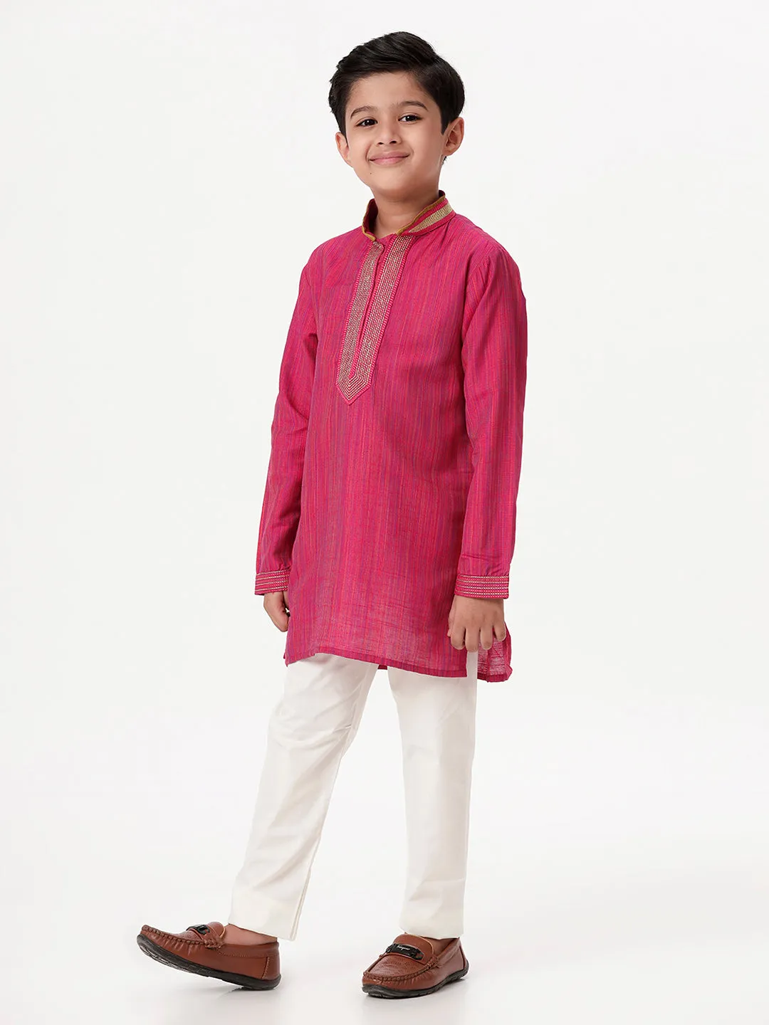 Boys Cotton Embellished Neckline Full Sleeves Dark Pink Kurta with Pyjama Pant Combo EMD1