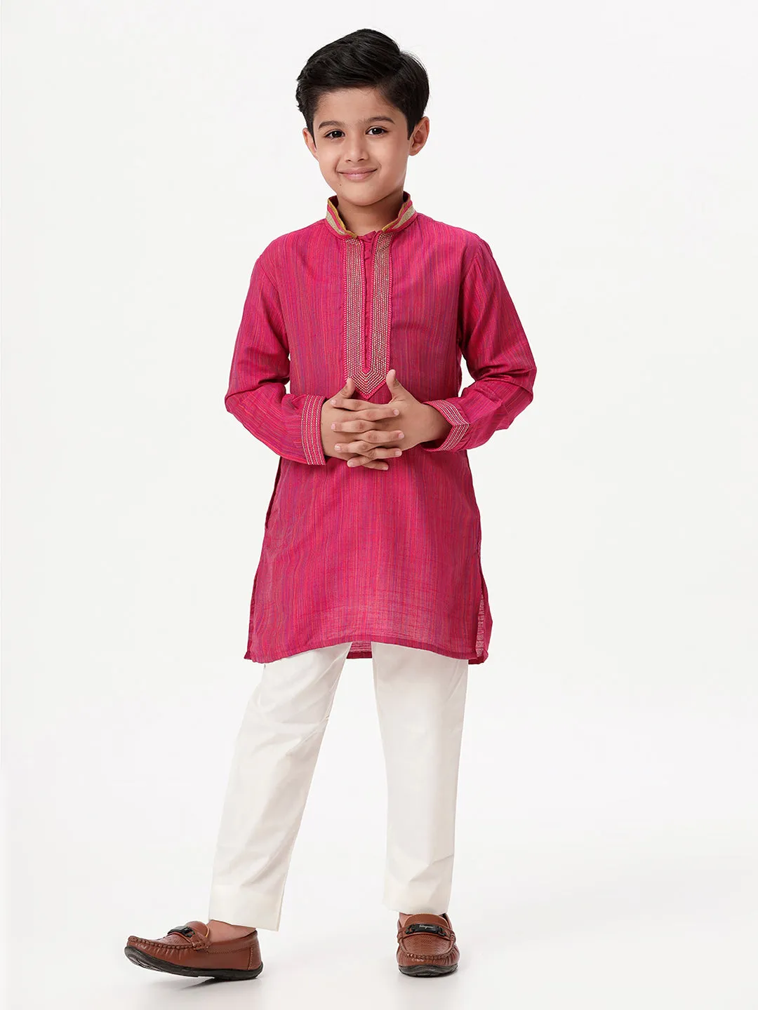 Boys Cotton Embellished Neckline Full Sleeves Dark Pink Kurta with Pyjama Pant Combo EMD1