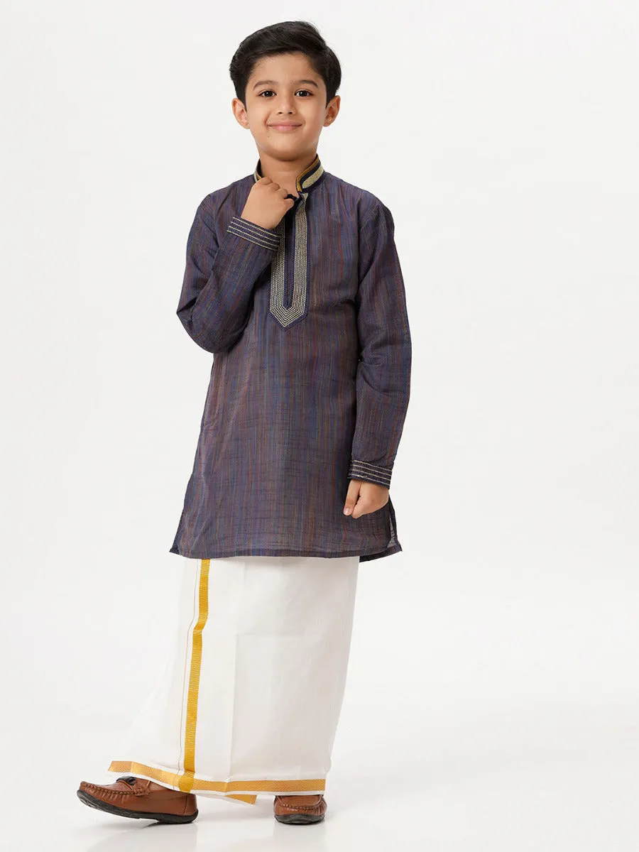 Boys Cotton Embellished Neckline Full Sleeves Navy Blue Kurta with Dhoti Combo