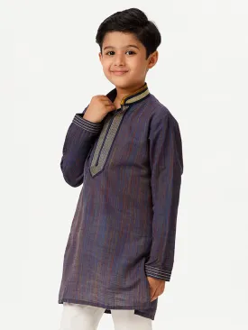 Boys Cotton Embellished Neckline Full Sleeves Navy Blue Kurta