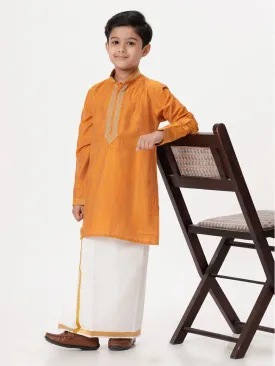 Boys Cotton Embellished Neckline Full Sleeves Orange Kurta with Dhoti Combo