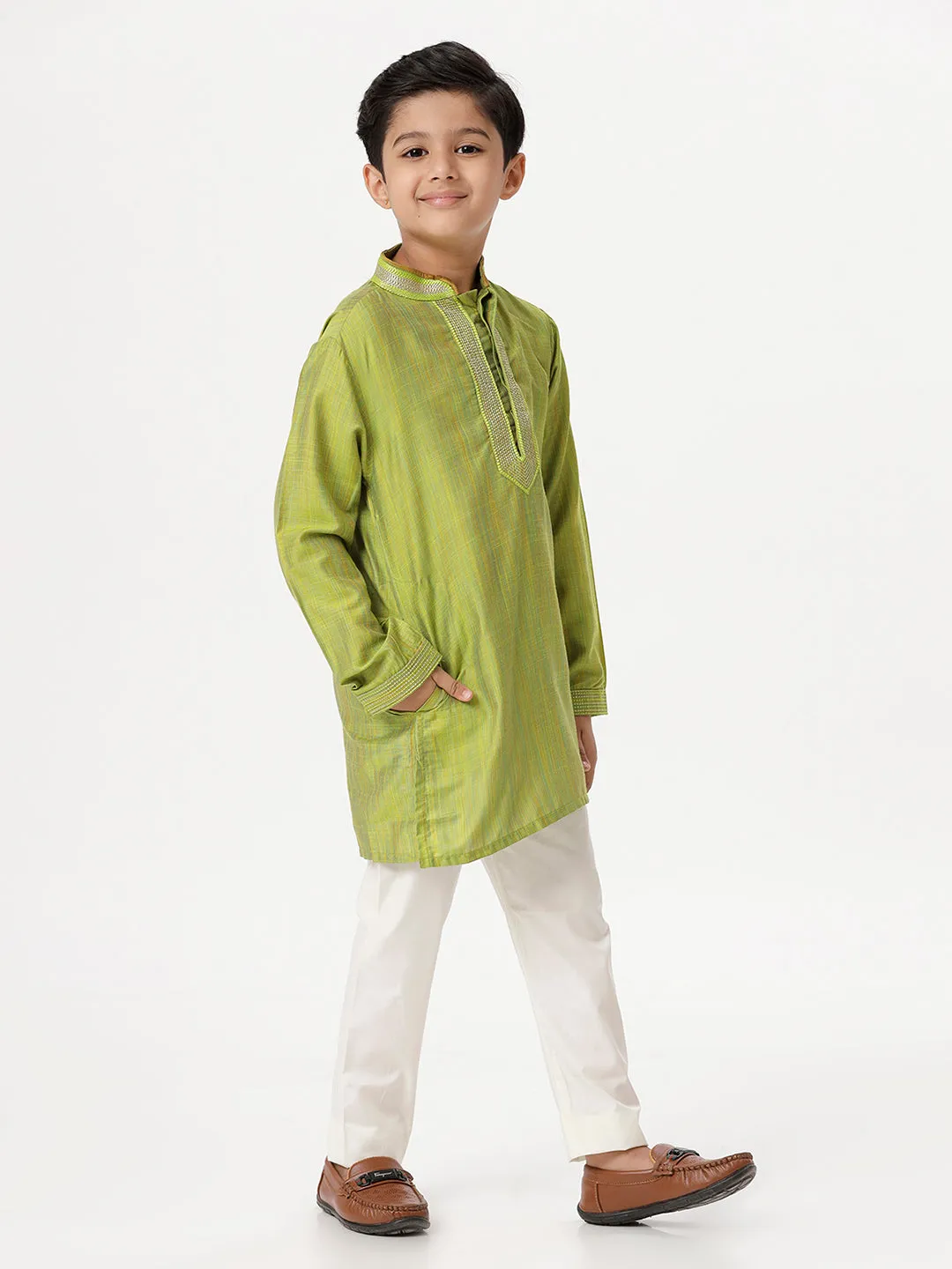 Boys Cotton Embellished Neckline Full Sleeves Parrot Green Kurta with Pyjama Pant Combo EMD5