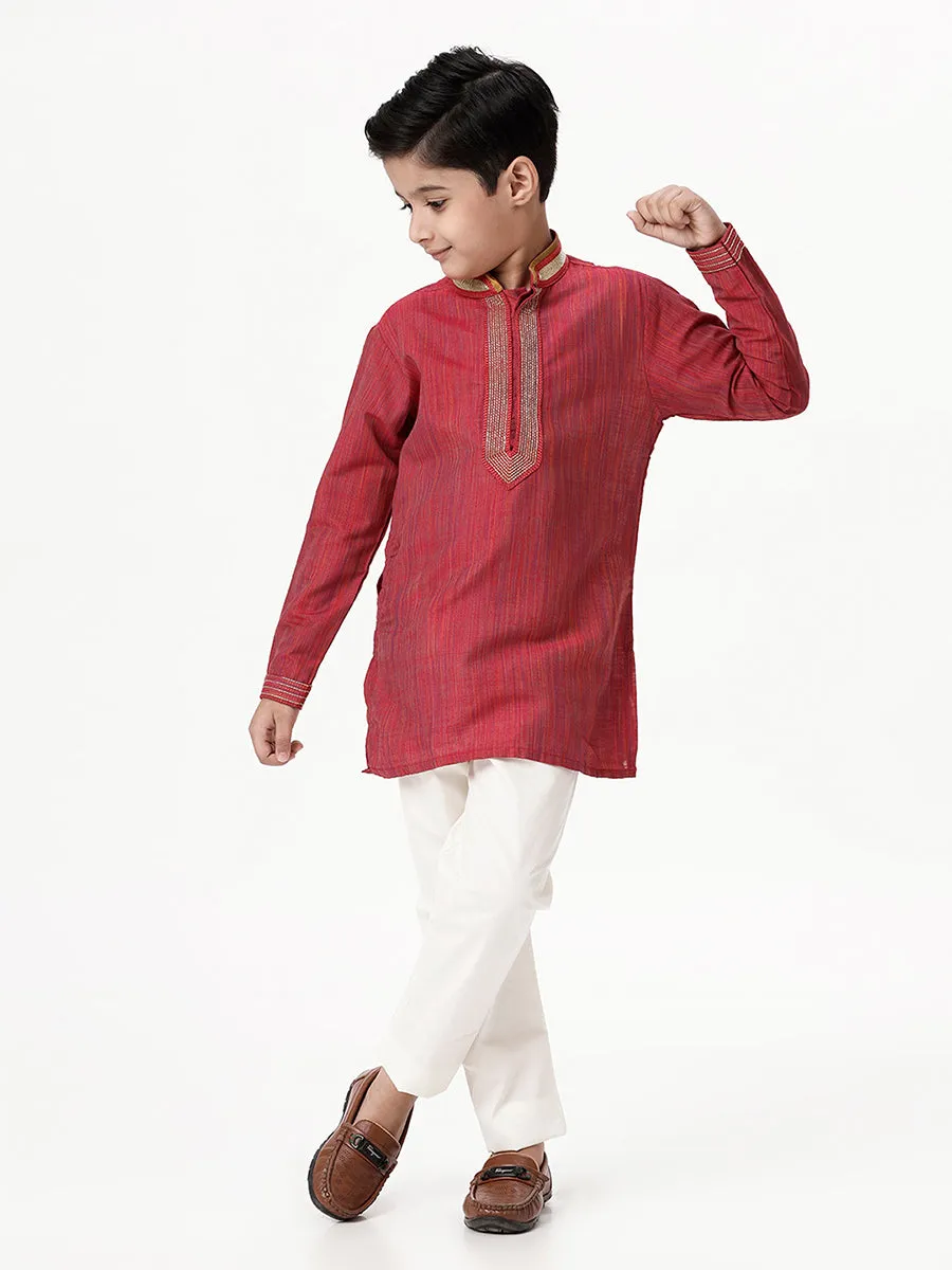 Boys Cotton Embellished Neckline Full Sleeves Red Kurta