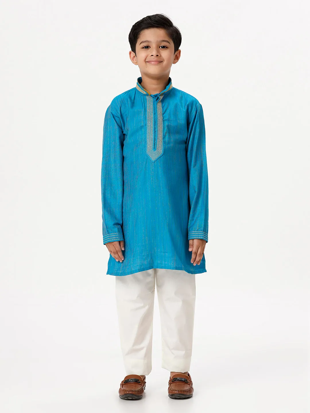 Boys Cotton Embellished Neckline Full Sleeves Sky Blue Kurta with Pyjama Pant Combo EMD2