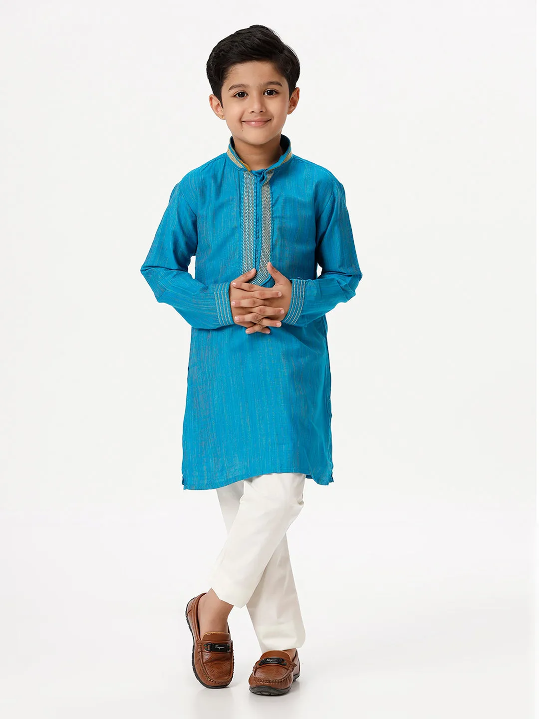 Boys Cotton Embellished Neckline Full Sleeves Sky Blue Kurta with Pyjama Pant Combo EMD2