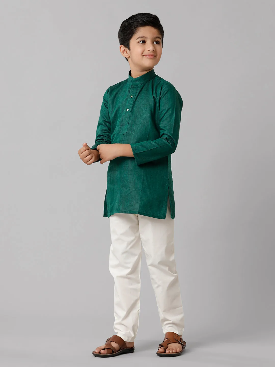 Boys Cotton Full Sleeves Dark Green Kurta with Cream Pyjama Pant Combo FS5