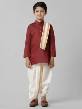 Boys Cotton Maroon Kurta with Cream Elastic Panchakacham Towel Combo FS7