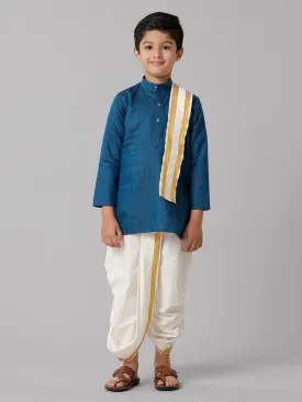 Boys Cotton Navy Kurta with Cream Elastic Panchakacham Towel Combo FS8