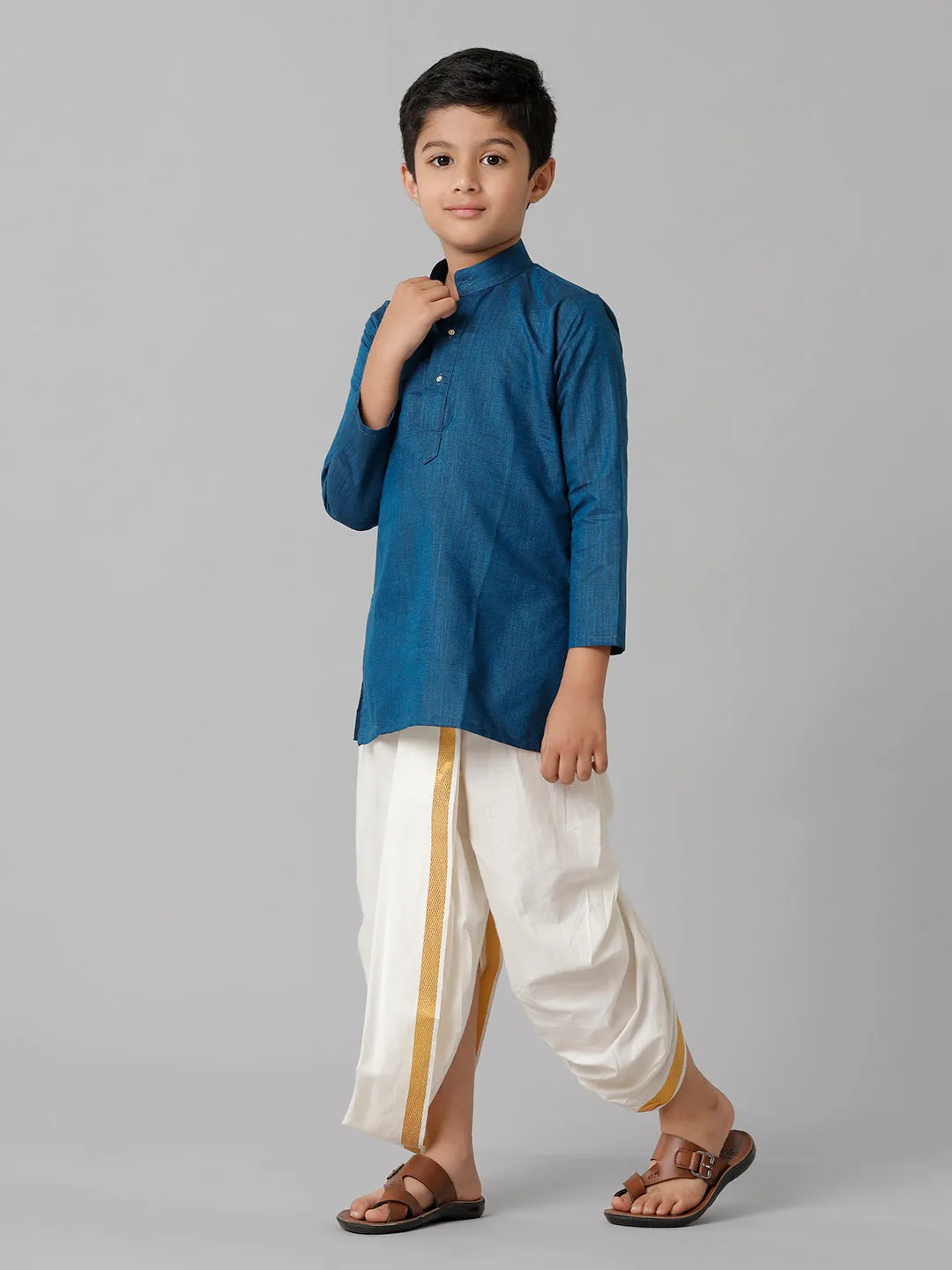 Boys Cotton Navy Kurta with Cream Elastic Panchakacham Towel Combo FS8
