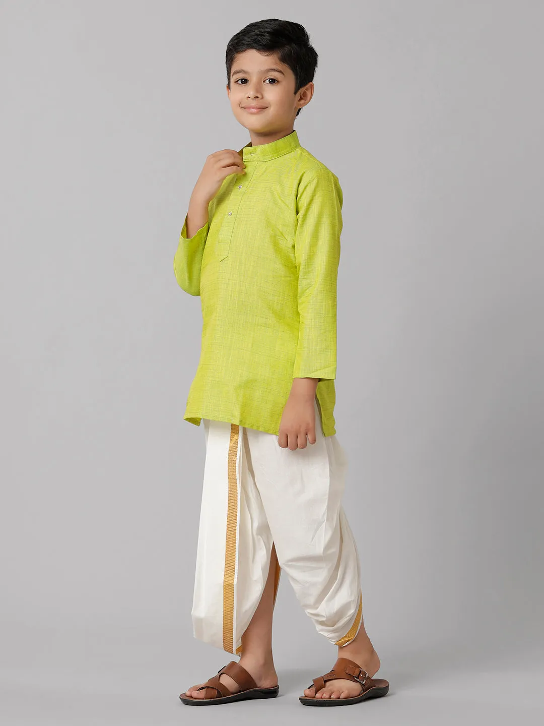 Boys Cotton Parrot Green Kurta with Cream Elastic Panchakacham Combo FS2