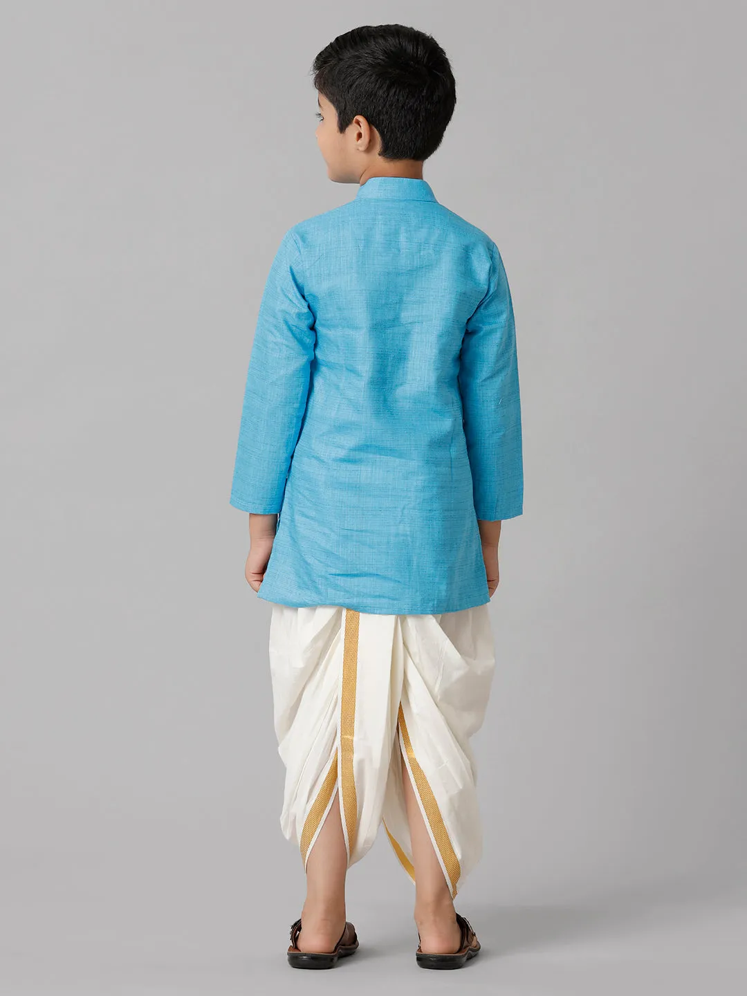 Sky Blue Boys Cotton Kurta with Cream Elastic Panchakacham Combo - FS4