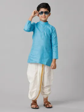 Sky Blue Boys Cotton Kurta with Cream Elastic Panchakacham Combo - FS4