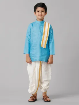 Boys Cotton Sky Blue Kurta with Cream Elastic Panchakacham Towel Combo FS4