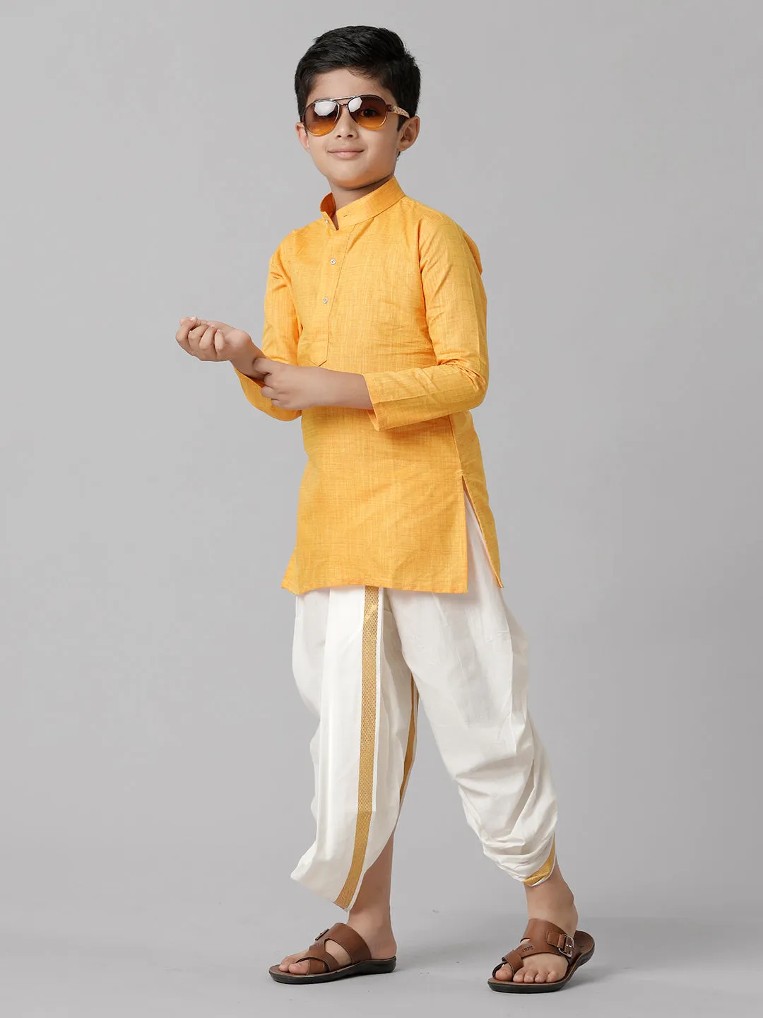 Boys Cotton Yellow Kurta with Cream Elastic Panchakacham Towel Combo FS1