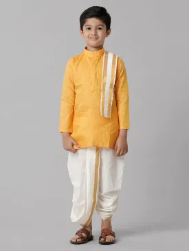 Boys Cotton Yellow Kurta with Cream Elastic Panchakacham Towel Combo FS1