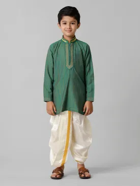 Boys Emerald Cotton Dark Green Kurta with Cream Readymade Art Silk Panchakacham Combo EMD7