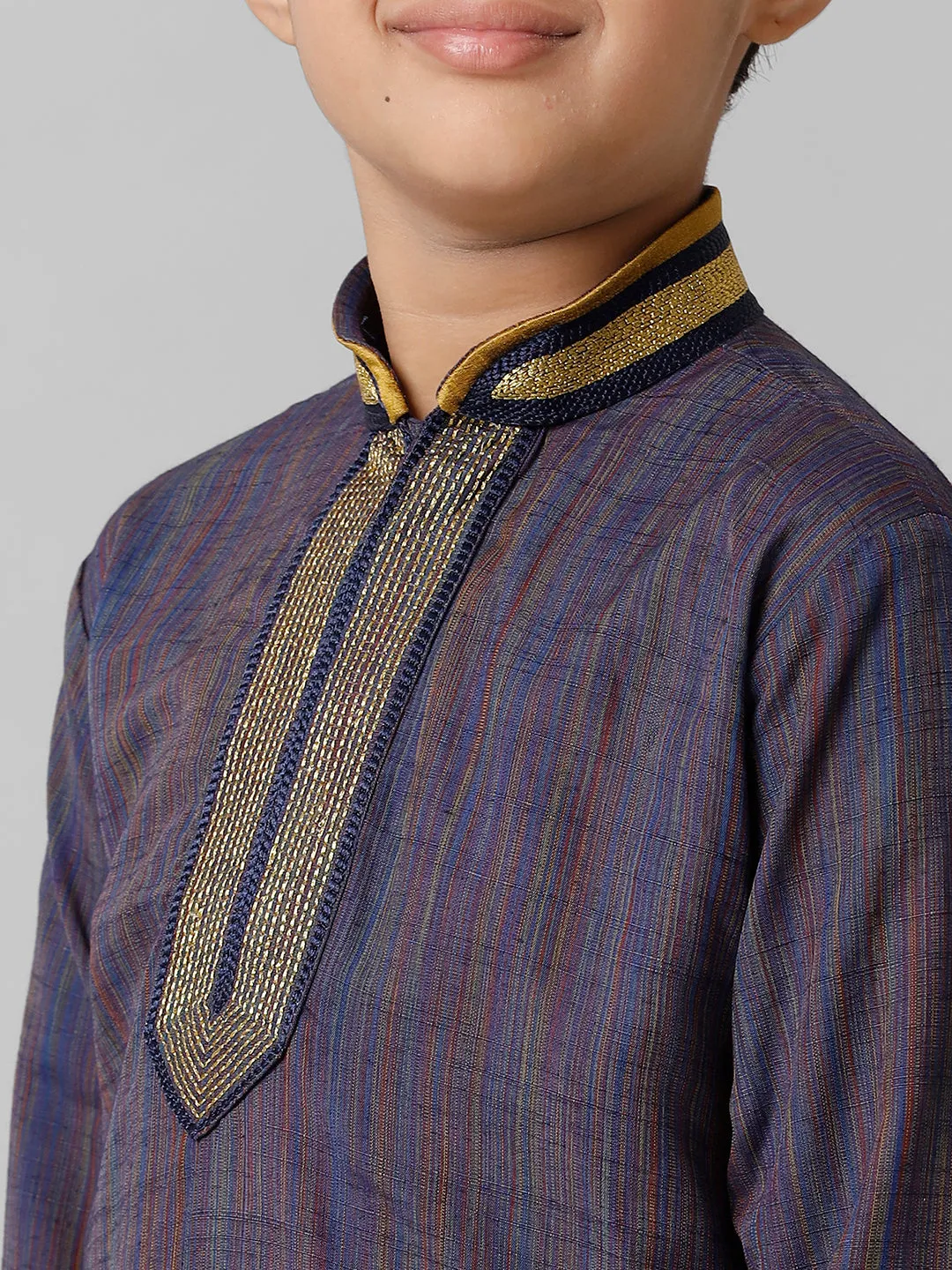 Boys Emerald Cotton Navy Kurta with Cream Readymade Art Silk Panchakacham Combo EMD6