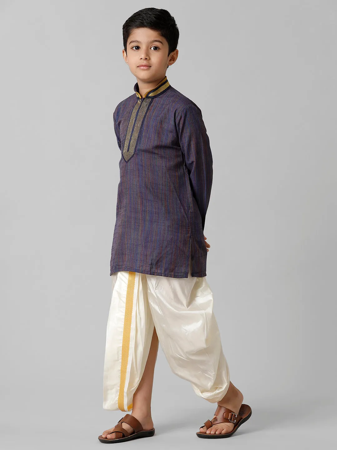 Boys Emerald Cotton Navy Kurta with Cream Readymade Art Silk Panchakacham Combo EMD6