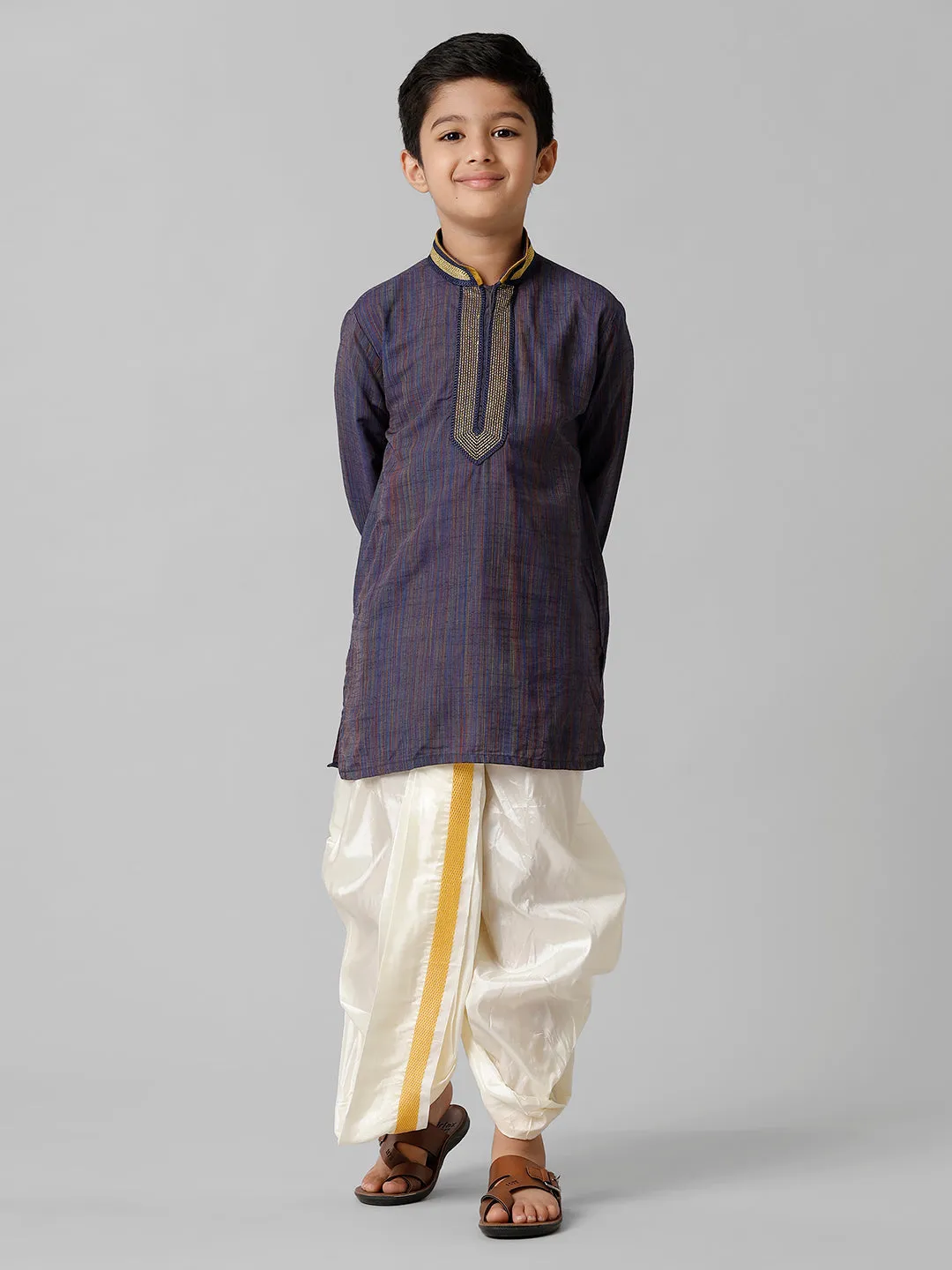 Boys Emerald Cotton Navy Kurta with Cream Readymade Art Silk Panchakacham Combo EMD6