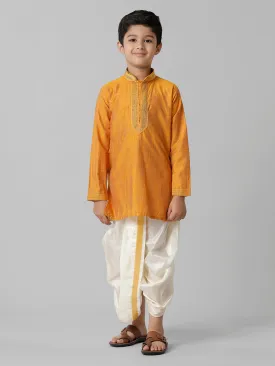 Emerald Green Cotton Kurta with Cream Art Silk Panchakacham Set for Boys - EMD3