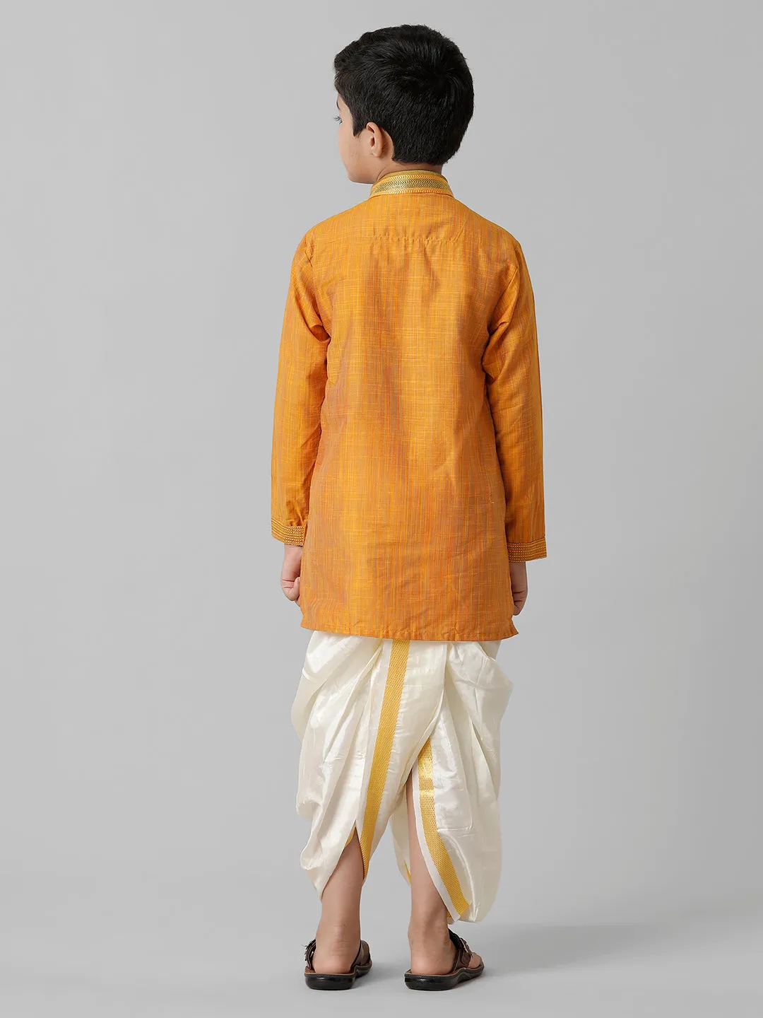 Emerald Green Cotton Kurta with Cream Art Silk Panchakacham Set for Boys - EMD3
