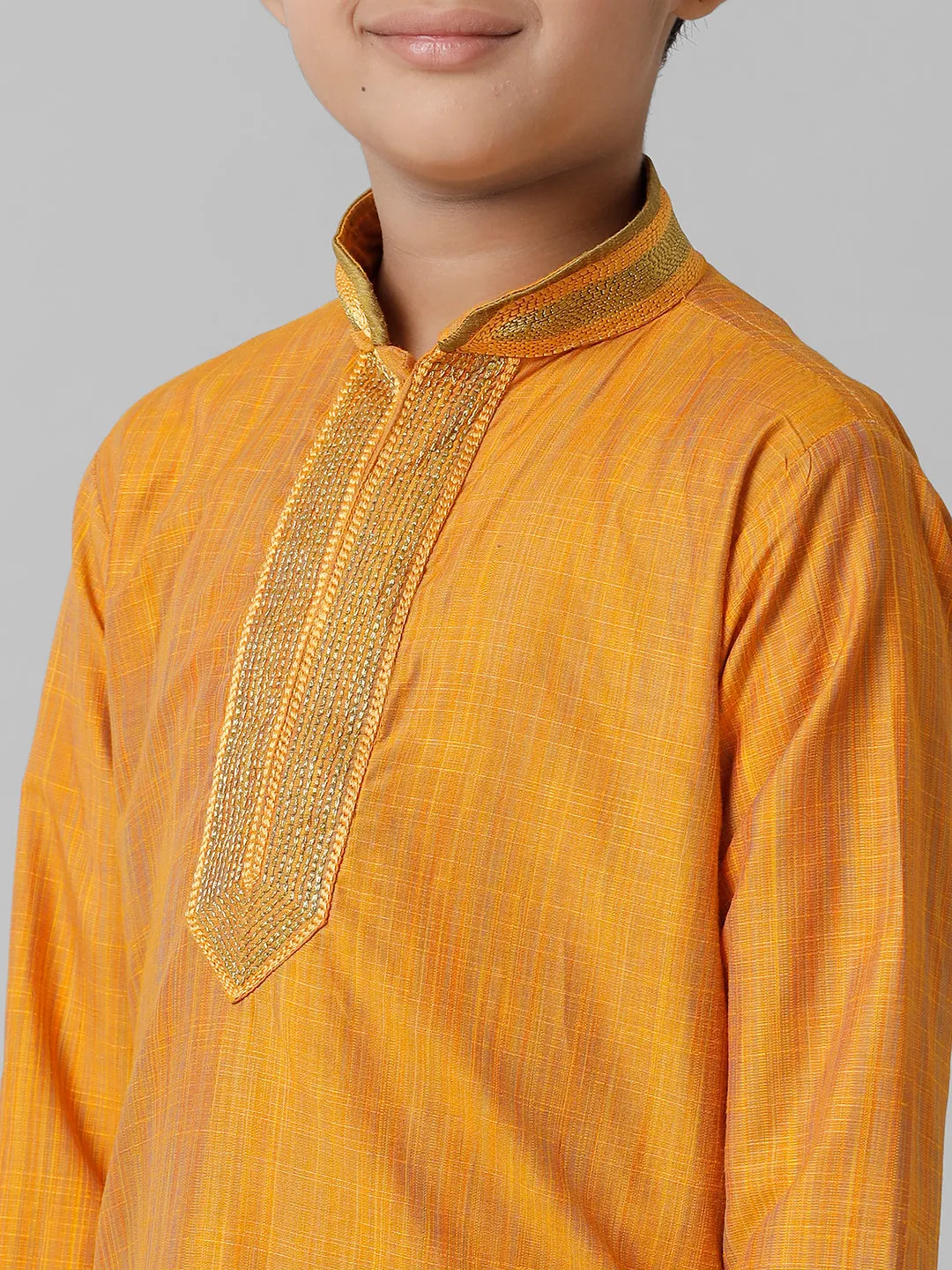 Emerald Green Cotton Kurta with Cream Art Silk Panchakacham Set for Boys - EMD3