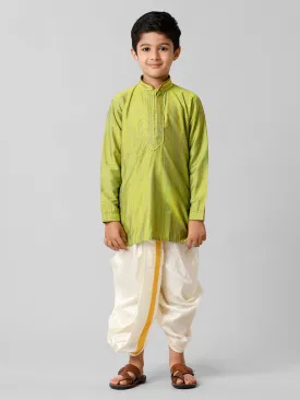 Boys Emerald Cotton Parrot Green Kurta with Cream Readymade Art Silk Panchakacham Combo EMD5