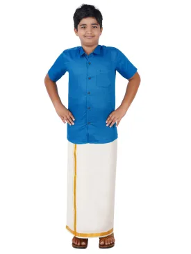 Boys Giza Cotton Shirt & White Dhoti Set Blue GL5