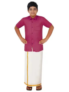 Boys Giza Cotton Shirt & White Dhoti Set Maroon GL6