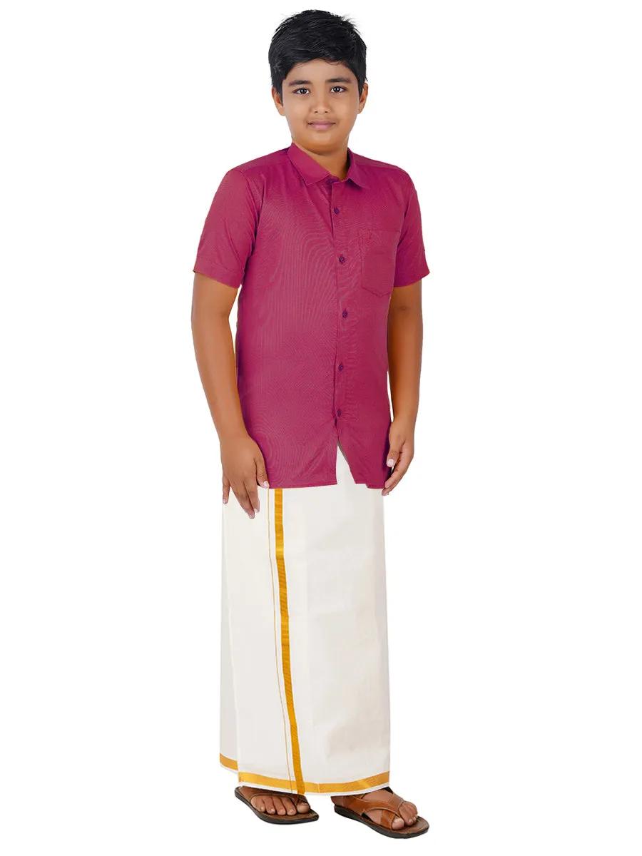 Boys Giza Cotton Shirt & White Dhoti Set Maroon GL6