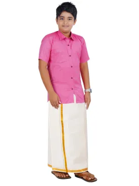 Boys Giza Cotton Shirt & White Dhoti Set Pink GL4