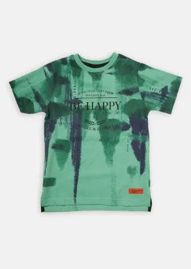 Boys Paint Splat Printed Cotton Green T-Shirt