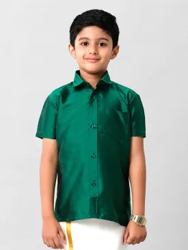 Boys Premium Silk-Cotton Blend, Dark Green, Half-Sleeve Shirt - Style K9