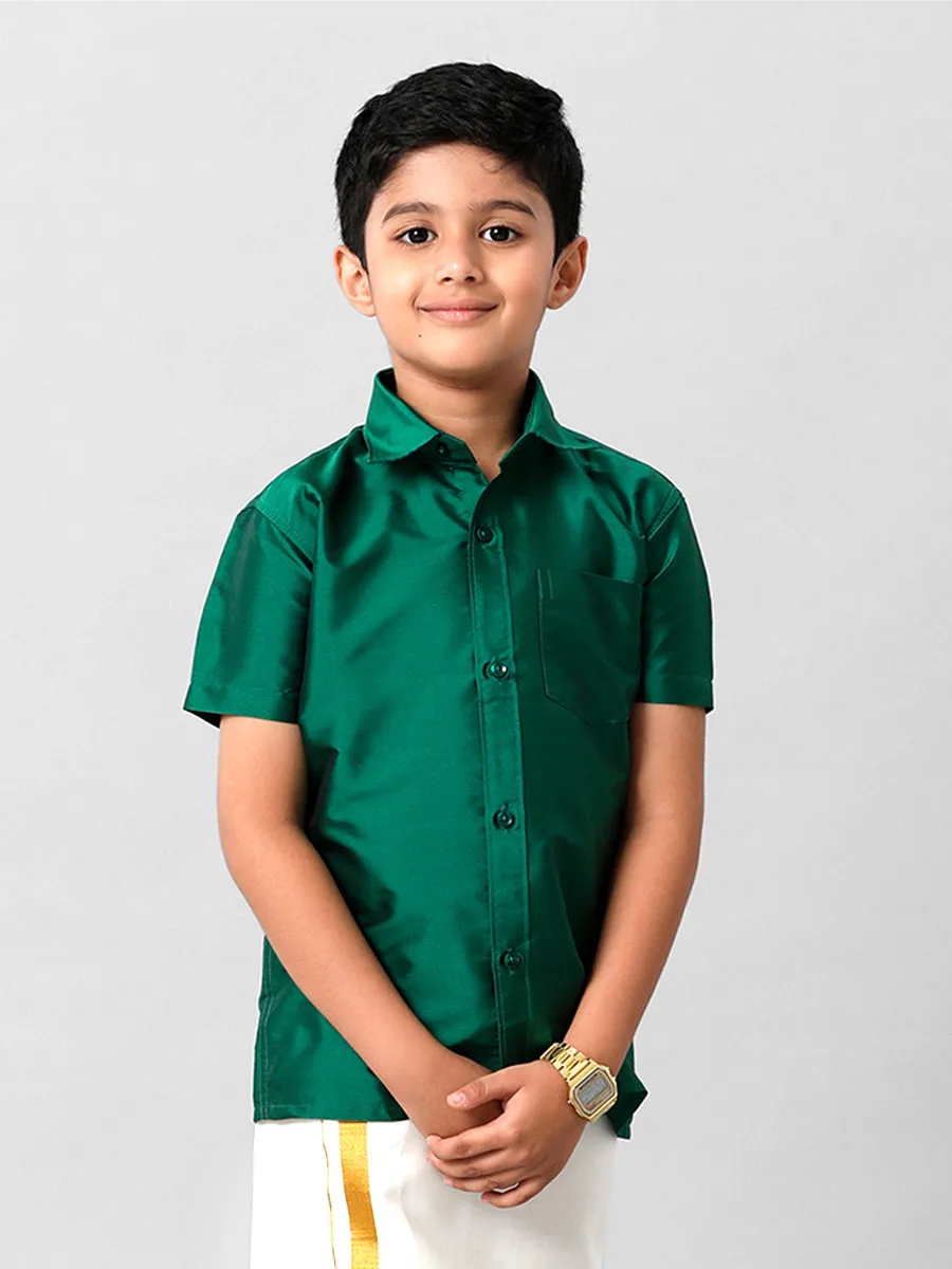 Boys Premium Silk-Cotton Blend, Dark Green, Half-Sleeve Shirt - Style K9