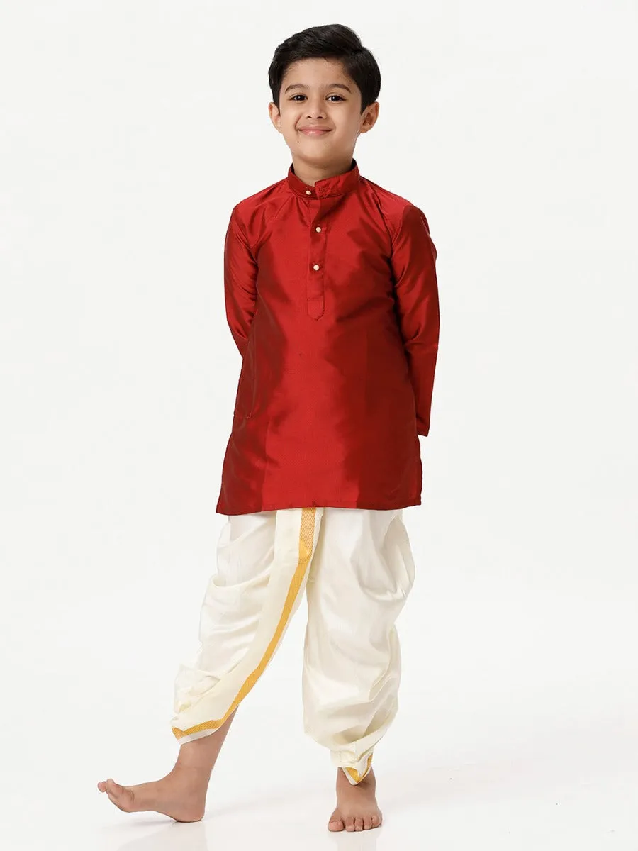 Boys Silk Cotton Full Sleeves Red Kurta with Panchakacham Combo
